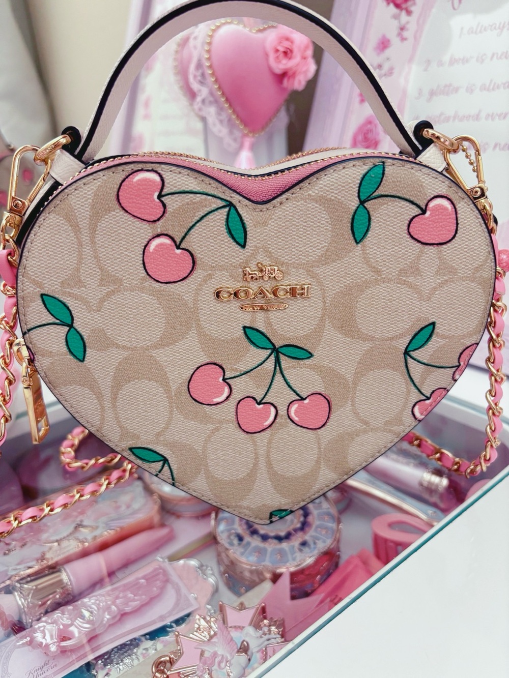 Coach Beige Signature Heart Crossbody with Pink Cherry Print